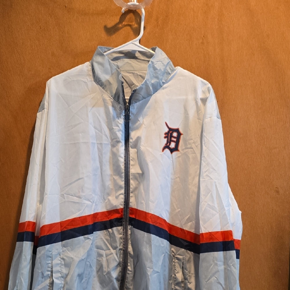 Light Blue Windbreaker with Red and Navy Stripes